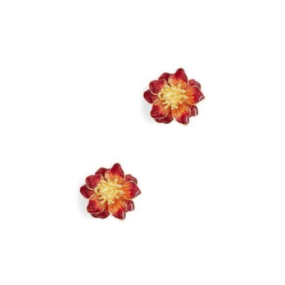 KENNET JAY LANE Gold Burgundy Enamel Flower Clip Earrings